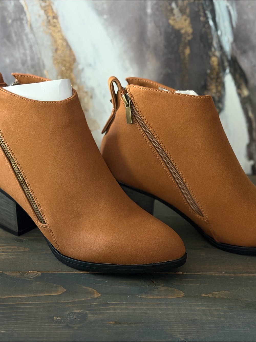 Women's Tan Suede Ankle Booties with Side Zip